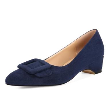 Imagem de Sapato social feminino Fericozt bico fino, salto baixo grosso, escarpim confortável com fivela, Azul escuro, 36