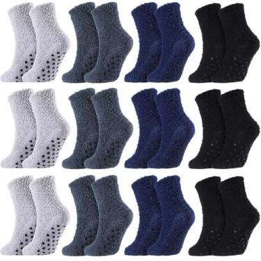 Imagem de Coume 12 pares de meias felpudas de inverno para homens, quentes, masculinas, com pegas, antiderrapantes para dormir para idosos de férias, 6-11, Preto, cinza claro, azul marinho, cinza escuro, 6-11