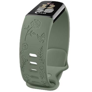 Imagem de Pulseira com gravação floral compatível com Fitbit Charge 6/5, mulheres e homens, pulseiras de substituição macias para Fitbit Charge 6/5 Advanced Fitness & Health Tracker (verde abacate)
