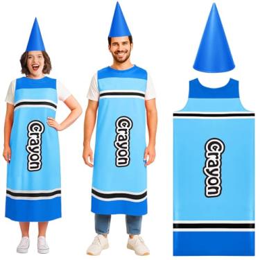 Imagem de Tarpop Fantasia de giz de cera de Halloween para adultos, vestido de giz de cera e chapéu de gnomo engraçado, fantasias escolares para cosplay de professores, Azul, Crayon dress: about 50 x 23.6