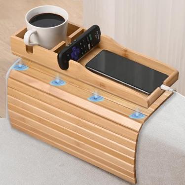 Imagem de YUBAMIN Mesa de apoio de braço de sofá, bandeja de braço de sofá de bambu, bandeja magnética removível 3 em 1 para suporte de copo de sofá, bandeja de sofá antiqueda para comer, bebidas, lanches