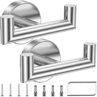 Imagem de 2 ganchos de toalha duplos de aço inoxidável, gancho de revestimento duplo para banheiro, suporte de toalha de roupão de aço inoxidável, ganchos de parede simplificados para toalha, suporte de carga