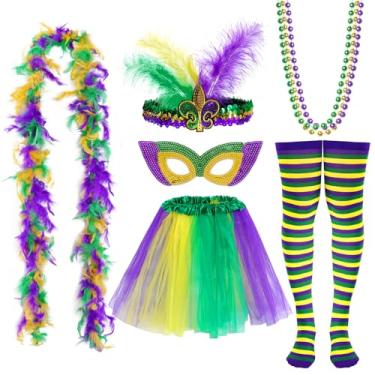 Imagem de Conjunto de acessórios de fantasia de carnaval, saia tutu, faixa de cabeça de penas sintéticas, máscara, contas de carnaval, boá de penas, meias femininas, Prata, standard