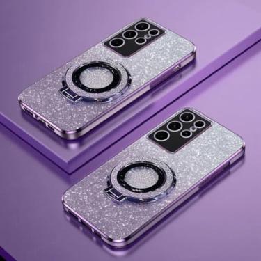 Imagem de Capa de celular com suporte magnético e anel de glitter TPU para Samsung Galaxy S25 Ultra S24 S23 Fe S22 S21 S20 S10 Plus Note 20 Ultra Pro (para Samsung S25/roxa com suporte)