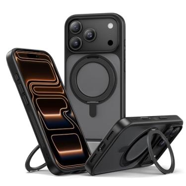 Imagem de NIMASO Capa para iPhone 17 Pro Max com suporte de anel giratório de 360°, compatível com MagSafe, proteção de grau militar à prova de choque, traseira fosca translúcida, suporte magnético para iPhone