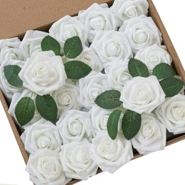 Imagem de Flores artificiais rosas com caules para casamento, buquê de árvore de Natal, chá de bebê, centro de mesa, arranjo floral, decoração de casa, decoração de dia das mães (branco, 50)