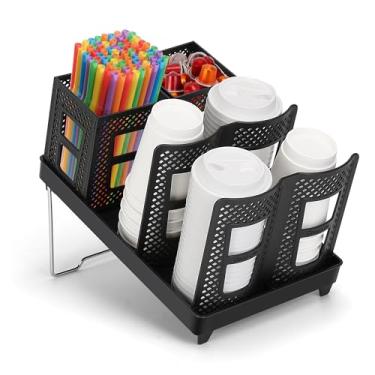 Imagem de Honlibey Dispensador de copo de café com 6 compartimentos com suporte para canudos, copo de café de plástico e suporte de tampa, organizador de copos de papel descartáveis de 293 a 623 g para bancada