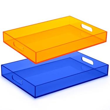 Imagem de Tiangrid Conjunto de 2 bandejas grandes de acrílico 40,6 x 30,5 cm, bandeja de mesa de centro otomana neon com alças, prato decorativo maximalista para comida, chá, jantar, lanche, bar e festa (cor