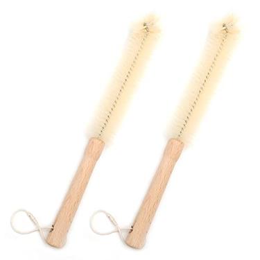 Imagem de UPTALY 2 escovas de garrafa de nylon extralongas de 32 cm, cabo de madeira de faia, com poste de aço inoxidável, cabeça de cotovelo, para garrafa, vasos, jarra de água, copo, pote, copo