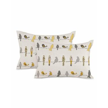 Imagem de Capas de almofada lombar 50 x 30 cm conjunto de 2 almofadas decorativas de linho com estampa floral Rowley Birds fronhas xadrez búfalo xadrez amarelo cinza almofadas para sofá, cama, decoração de casa
