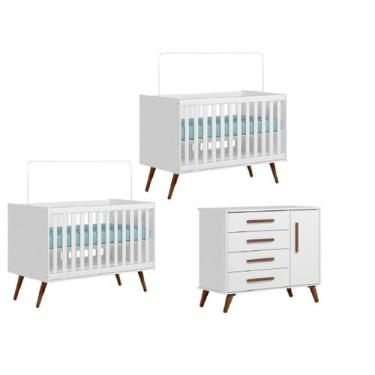 Imagem de Jogo De Quarto Bebê Gemêos 2 Berço E Cômoda Plus Leartam Branco Acetin