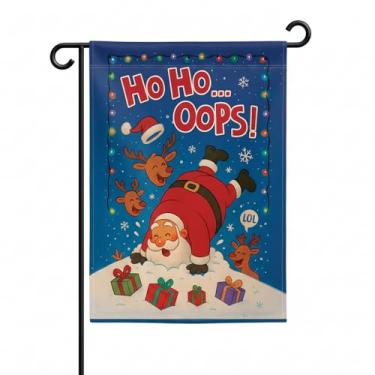 Imagem de Flagmeup8386 Bandeira engraçada de jardim de Papai Noel dupla face 30 x 45 cm, Ho Ho Oops Luzes de rena de Papai Noel de cabeça para baixo, decoração festiva de quintal ao ar livre, decoração de casa