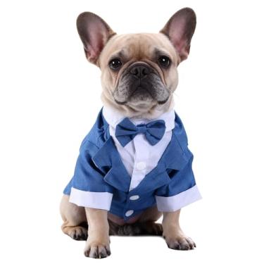 Imagem de Camiseta preta, branca e azul para casamento, smoking para filhotes, roupa formal para cães, smoking para cachorro, fantasia de terno e gravata azul pequena