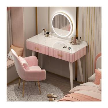 Imagem de Escrivaninha de penteadeira Conjunto de vaidade maquiagem mesa rosa com espelho e 2 gavetas pequenos espaços