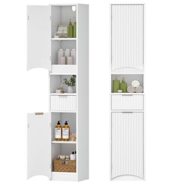 Imagem de Hzuaneri Armário de banheiro alto, armário de armazenamento com 2 portas e 1 gaveta, armários estriados estreitos com prateleiras ajustáveis, armários de banheiro prateados para sala de estar, entrada