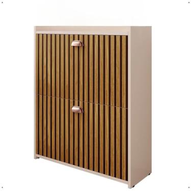 Imagem de Sapateira Vertical Com 2 Portas Basculantes - Organizador Para 12 Pares De CalçAdos, Multiuso Para Hall De Entrada, Quarto E Closet - Sapateira Fechada Moderna(Off White/Ripado)