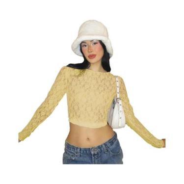 Imagem de Top Cropped De Renda Transparente De Manga Longa Para Mulheres, Camise