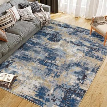 Imagem de GarveeHome Tapete de área lavável, sem queda, abstrato, macio, antiderrapante, para sala de estar, sala de jantar, sala de jogos, azul escuro, 2,5 x 3,5 m