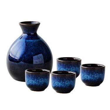 Imagem de JOEUQK Conjunto de 5 peças de saquê de cerâmica feito à mão inclui pote de saquê de 350 ml e 4 peças de copos de saquê de cerâmica para serviço de saquê quente/frio