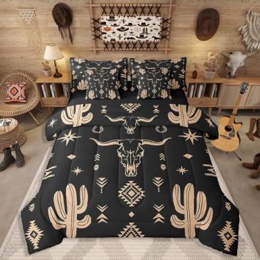 Imagem de Jogo de cama solteiro com estampa de caubói ocidental vintage do sudoeste, boêmio, geométrico, cacto, tribal, exótico, étnico, preto, marrom