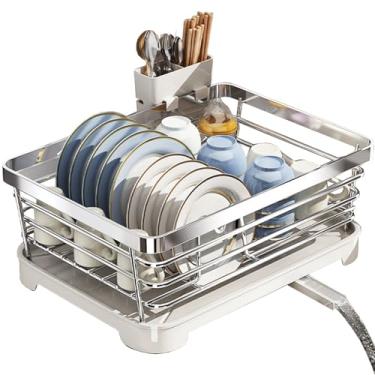 Imagem de JMYDecor Escorredor de louça, escorredor de pratos de aço inoxidável resistente à ferrugem para balcão de cozinha, grande capacidade, placa de drenagem de louça, suporte de utensílios, organizador de
