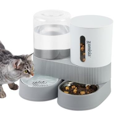Imagem de ZOMISIA Alimentador automático para gatos e dispensador de água – Comida e bebedouro de gravidade 2 em 1 com tigela de aço inoxidável rotativa de 360 graus, autoalimentador para filhotes pequenos