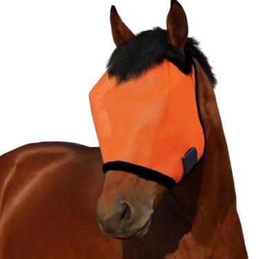 Imagem de Máscara de mosca de cavalo laranja grande espaço respirável proteção UV conforto máscara de malha de rosto inteiro com alça ajustável para cavalos