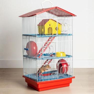 Imagem de Gaiola De Hamster Com 3 Andares Casinha Escadas Roda De Exercicios Comedouro Bandeja Higiênica Pratica Leve Segura Facil Montagem Ideal Para Roedores Em Apartamento Ou Casa Pequena