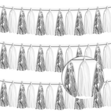 Imagem de Faixa de borla prata branca 3P Guirlanda de franja metálica com franja de borlas de borlas pano de fundo para boias de desfile, decorações de festa de aposentadoria para noivas/chá de bebê