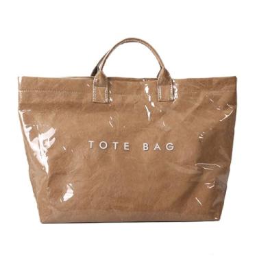 Imagem de WREWING Bolsa feminina grande, sacola de trabalho de PVC, sacola de papel kraft, bolsa de praia com estampa de letras modernas, Marrom