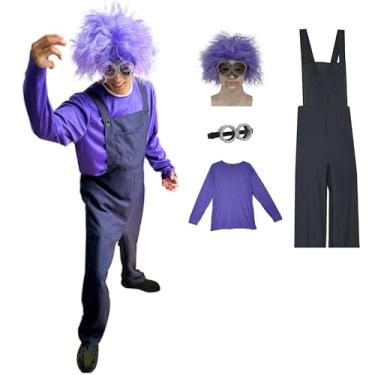 Imagem de ZNTU Halloween Evil Costume Onesie Adult with Goggles Glasses,Purple Culry Fluffy Wig for Women Men Cosplay Party Set