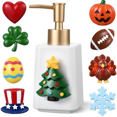 Imagem de Gejoy Conjunto magnético intercambiável de dispensador de sabão sazonal - Dispensador de sabão de mão de cerâmica com 9 ornamentos de resina sazonal e almofadas magnéticas - decoração festiva de
