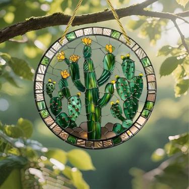 Imagem de Acrílico colorido Suncatcher, design de cacto de vitral, decoração de parede de janela suspensa de 18 cm com design de estilo de vitral impresso, ideia de presente e ornamento de jardim, uso interno e