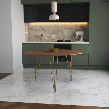 Imagem de Mesa De Jantar Redonda 110Cm Amêndoa Clips 3 Pés Base Dourado