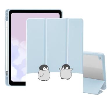 Imagem de Capa de desenho animado pinguim para iPad Air de 11 polegadas M3 2025/M2 2024/iPad Air 5 2022/Air 4 2020 10,9 polegadas com porta-lápis dobrável de couro azul linda capa traseira transparente capa