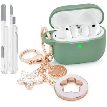 Imagem de VISOOM Capa para AirPods Pro 3 2025, capa de silicone para Apple Air Pods Pro 3ª geração, capa protetora para iPods 3 com chaveiro brilhante e kit de limpeza, verde