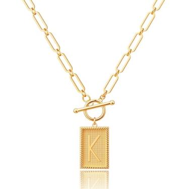 Imagem de Robaice Colar feminino banhado a ouro 14K, pingente de alfabeto personalizado com gravação inspiradora, corrente de clipe de papel, joia que não mancha, presente para ela, 18'' + 2'' extender, Metal