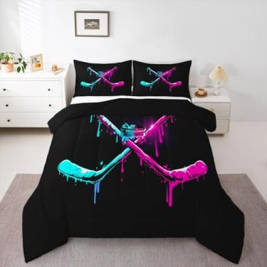 Imagem de Conjunto de edredom de hóquei no gelo, jogos esportivos europeus, solteiro, com estampa de jogador de hóquei, para crianças, meninas, meninos, esportes de inverno, decoração de jogos esportivos