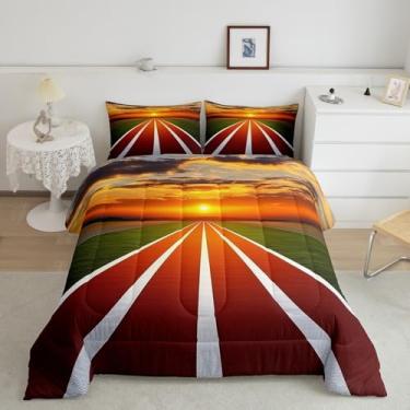 Imagem de Manfei Conjunto de edredom King de atletismo, jogo de esportes modernos, pista de corrida, playground, 3 peças, para adultos, pôr do sol natural, céu romântico, edredom romântico, 2 fronhas