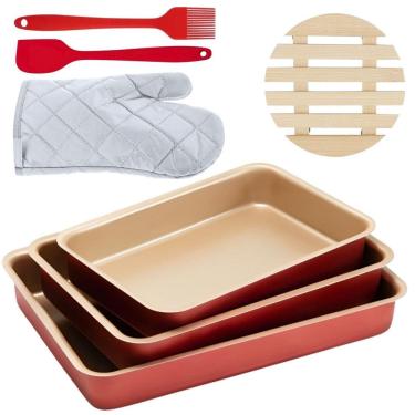 Imagem de Assadeira 3 Pçs + Luva + Pincel + Espátula + Descanso Panela