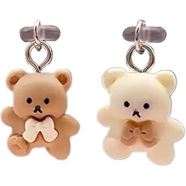 Imagem de 2 plugues USB C contra poeira com pingente de urso, protetor de porta de carregamento de telefone, design fofo de desenho animado