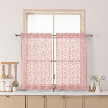 Imagem de Chyhomenyc Cortinas transparentes rosa blush 91 cm de comprimento, cortina de cozinha de janela pequena com filtro de luz tufada texturizada sobre a pia, cortinas curtas de meia janela para porão de
