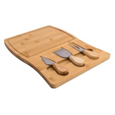 Imagem de Tábua de Queijo em Bambu com 3 Utensílios Inox - Kit para Servir, Cortar e Degustar Queijos