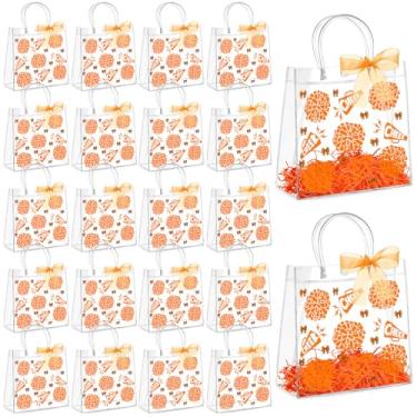 Imagem de AmazingSpark Conjunto de 20 sacos de presente de PVC transparente com alças reutilizáveis para lembrancinhas de festa com fita de ráfia saco de presente de plástico para líder de torcida (laranja)