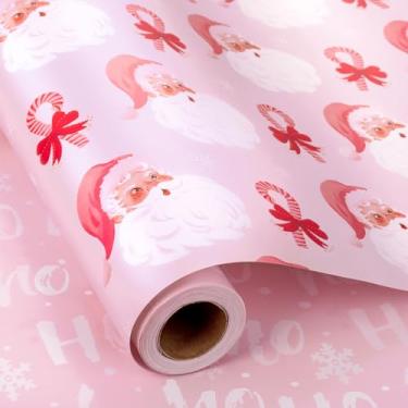Imagem de Yarcony Papel de embrulho de presente de Natal feminino, papel de embrulho de laço de Papai Noel, reversível rosa claro, laço e embalagem de presente de Natal padrão HOHO para férias (mini rolo, 43 cm