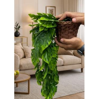 Imagem de Kit Planta Decorativa: Vaso Trançado Marrom + Pendente Artificial Costela-de-Adão 45cm – Folhagem Realista para Sala, Varanda e Escritório(3 Pote 14 + 3 Pend Adão)