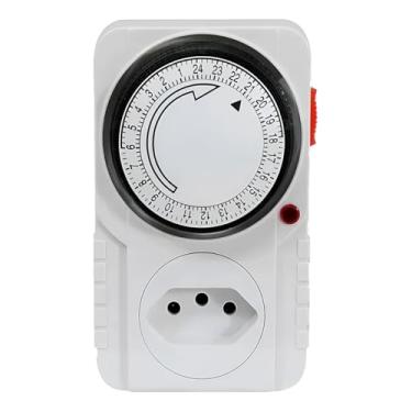 Imagem de Timer Analógico Bivolt, Temporizador Elétrico com 96 Programações Diárias, Tomada Padrão Brasileiro, Branco, 12x7x6cm, Potência 2200W