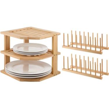 Imagem de Marsui 3 pacotes de prateleira organizadora de armário, 1 rack de canto de bambu e 2 peças de rack de madeira de bambu, organizador de armário de armazenamento de cozinha, pratos, copos, pratos