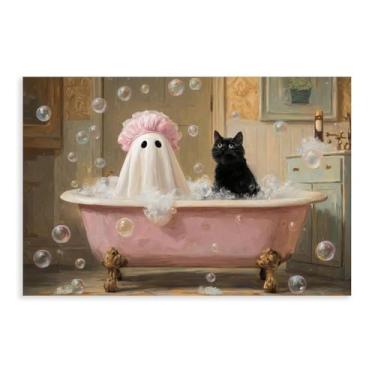 Imagem de KERAXL Impressão de arte de parede de fantasma e gato na banheira, pintura de banheiro de gato preto fantasma vintage, pôster fofo de Halloween, decoração de banho engraçada Dark Academia 12 x 18