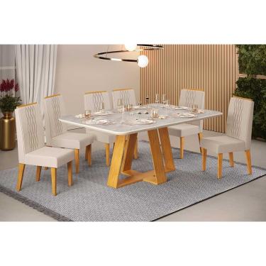 Imagem de Sala de Jantar Completa Celeste c/ Tampo Madeirado Retangular 170x90cm e 6 Cadeiras Lia Cedro/Quartzo - Linho Neve - DJ Móveis